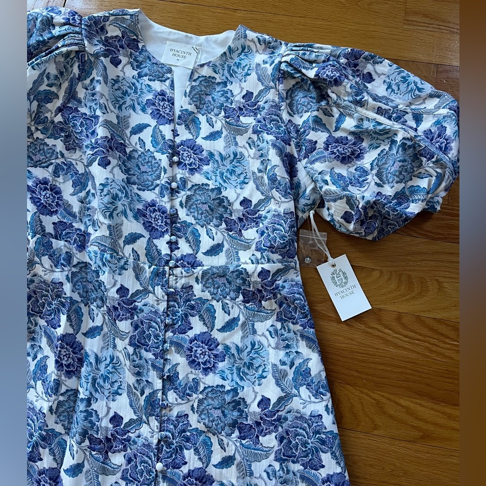 NWT Hyacinth House Blue Floral Puff-Sleeve Midi Dress - Picture 7 of 9